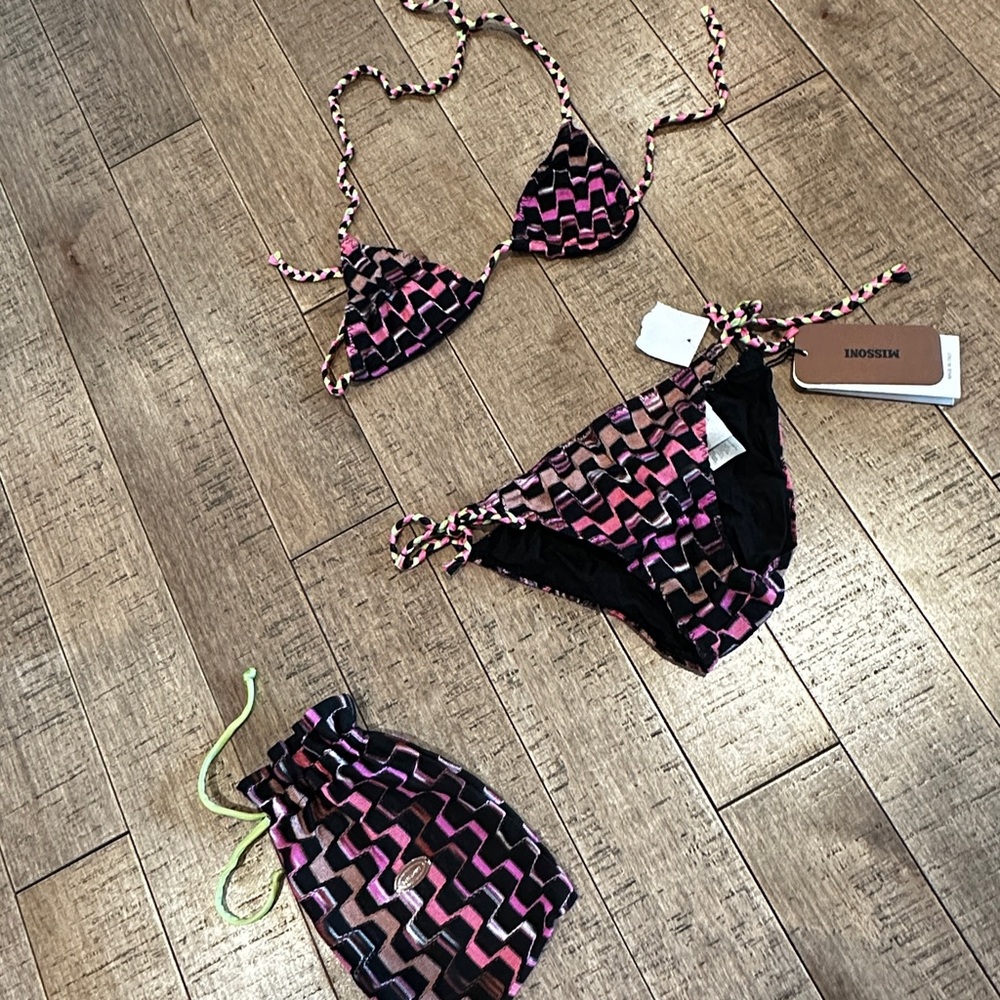 NWT Missoni Girls pink and black bikini and drawstring bag size 8 (us 6)